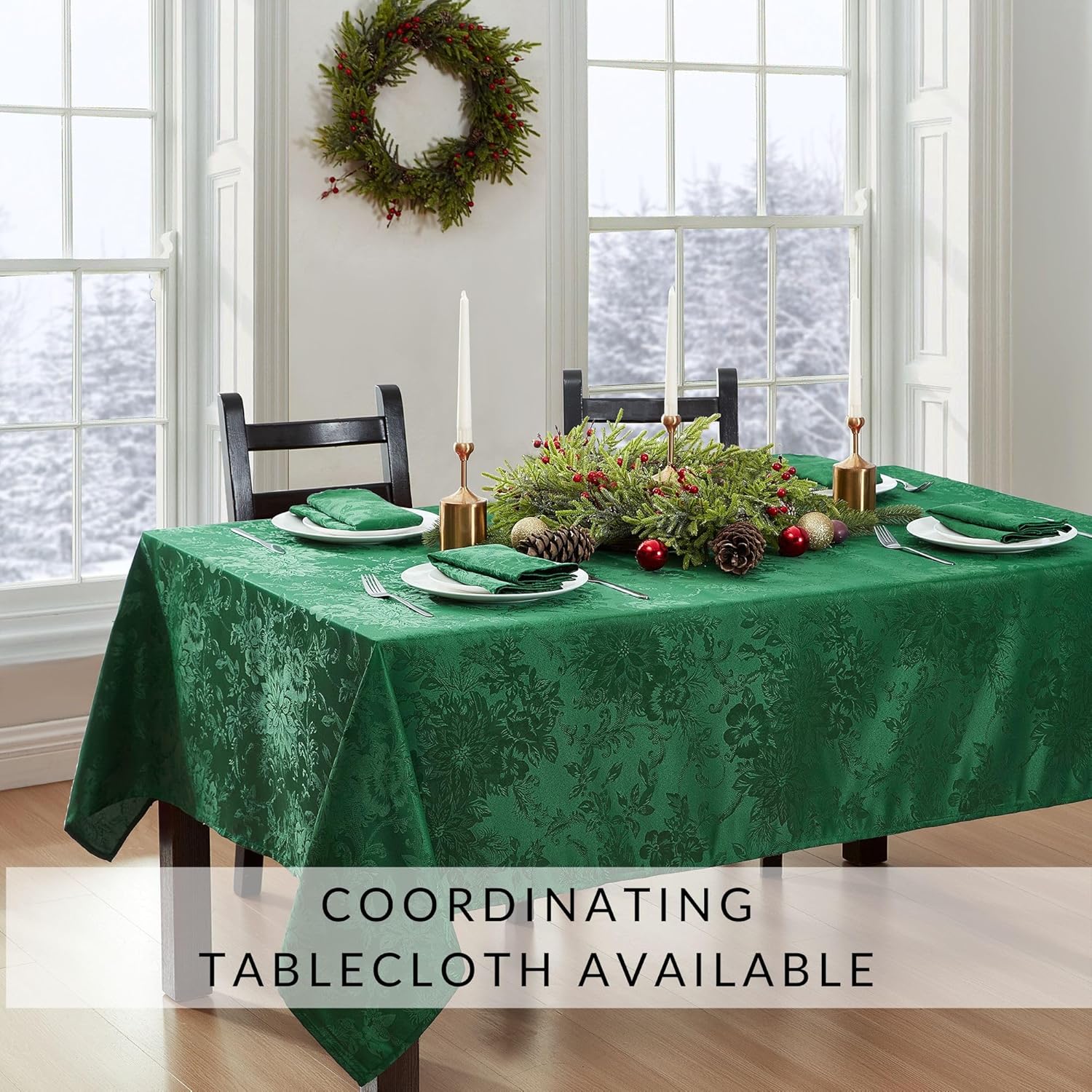 Elrene Home Fashions Poinsettia Elegance Reversible Jacquard Table Runner – 13 x 70 Inch Holiday Table Decoration with Tassels, Green