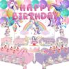Unicorn Party Supplies Kit (220 Pcs) - Complete Birthday Decoration Set with Backdrop, Tableware, Balloons, Banner & Cake Toppers for Girls