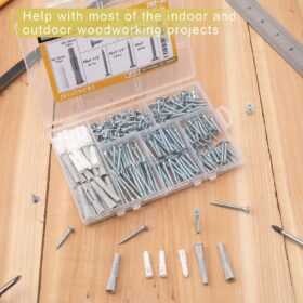 JEGONFRI 203-Piece Wood Screw Assortment Kit with 30 Plastic Wall Anchors – Heavy Duty Carbon Steel Flat Head Phillips Drive for Wood, Drywall, and Home Repair