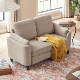 PingLiang Home 60" Mid Century Modern Loveseat, 2-Seater Small Sofa with Wooden Legs and Back Cushions, Beige Upholstered Couch for Apartment, Dorm, and Living Room