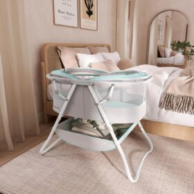 Dream On Me Karley Bassinet & Bedside Sleeper – Lightweight, Portable Travel Baby Bed with Adjustable Canopy & Storage (Blue & Grey)