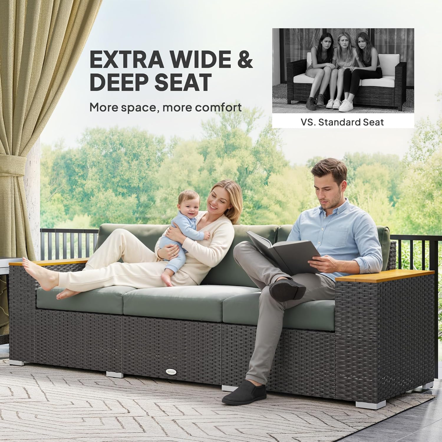 Outsunny 3-Person Outdoor Patio Sofa – Dark Gray PE Wicker Couch with 24.5" Deep Seats, Wide Armrests, and 4" Cushions