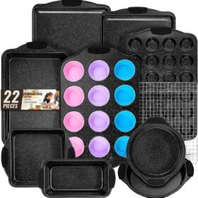 AIVIKI 22-Piece Nonstick Bakeware Set – Stackable Carbon Steel Baking Pans with Silicone Handles, Includes Muffin, Cake, Loaf & Cookie Sheets