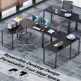 SHW L-Shaped Home Office Desk – 48-inch Wide Corner Computer Workstation with Durable Steel Frame, Space-Saving Design for Small Rooms (Black)