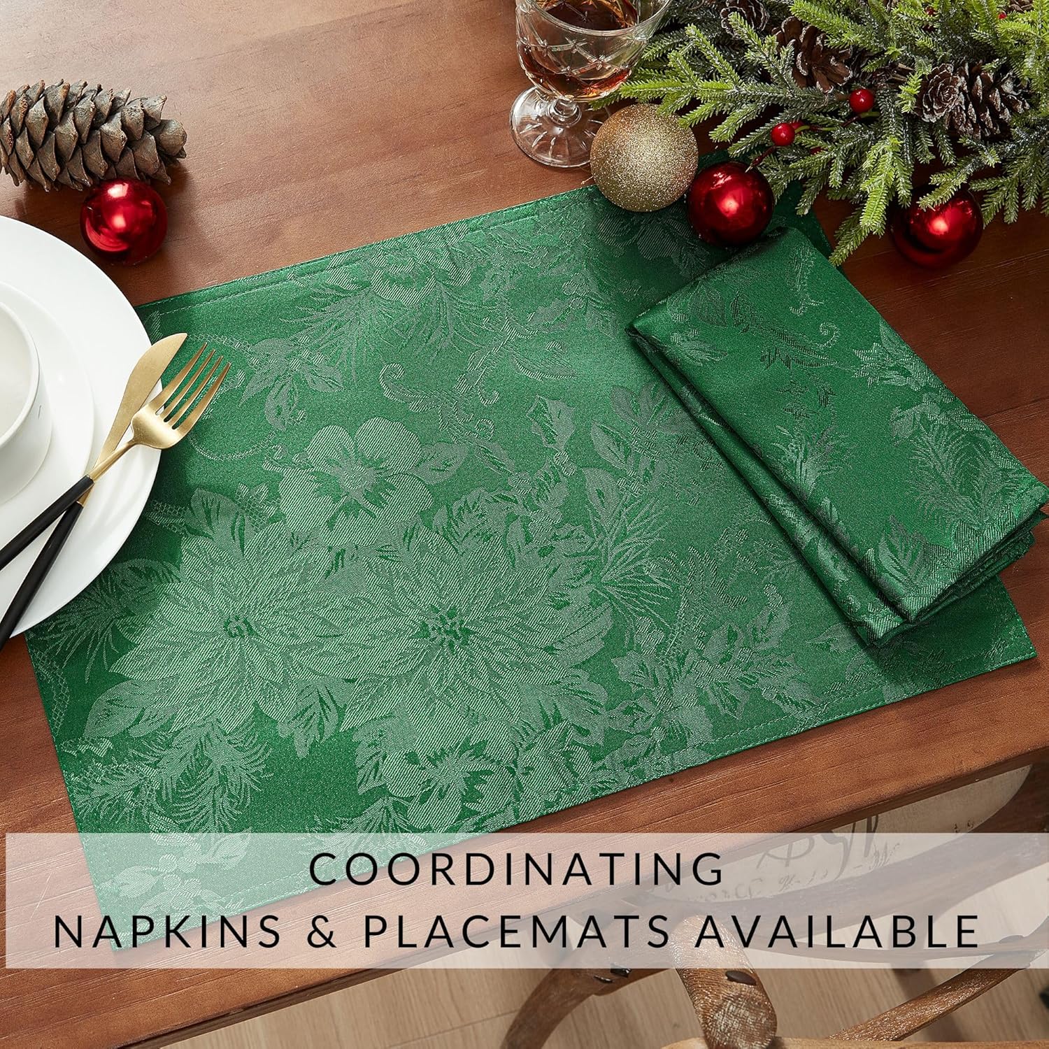 Elrene Home Fashions Poinsettia Elegance Reversible Jacquard Table Runner – 13 x 70 Inch Holiday Table Decoration with Tassels, Green