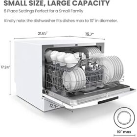 COMFEE' Countertop Dishwasher - Compact Portable Dishwasher with 6 Place Settings, 8 Washing Programs, & Built-in Drying Function for Apartments, Dorms, and RVs (White)