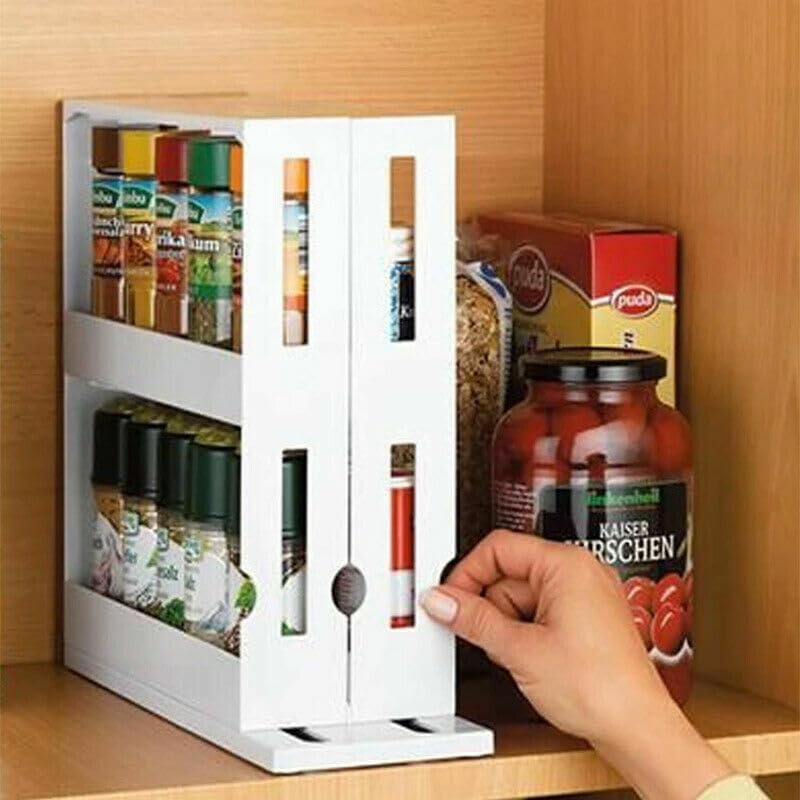 Leona Co 2-Tier Sliding Spice Rack Organizer – 360° Swivel Cabinet Caddy for Pantry & Kitchen Storage (Holds 20+ Bottles)
