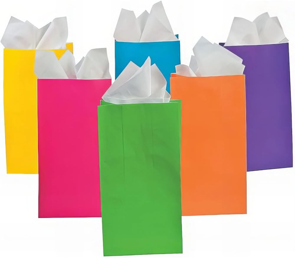 10-Pack Neon Paper Bags with Gusseted Bottoms – Vibrant Assorted Colors for Party Favors, Gifts & Crafts