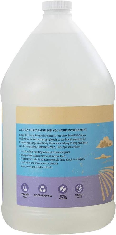 Ginger Lily Farms Botanicals 1 Gallon Refill Dish Soap – Eco-Friendly, Fragrance-Free, Max Grease Cutting Formula, Vegan & Cruelty-Free