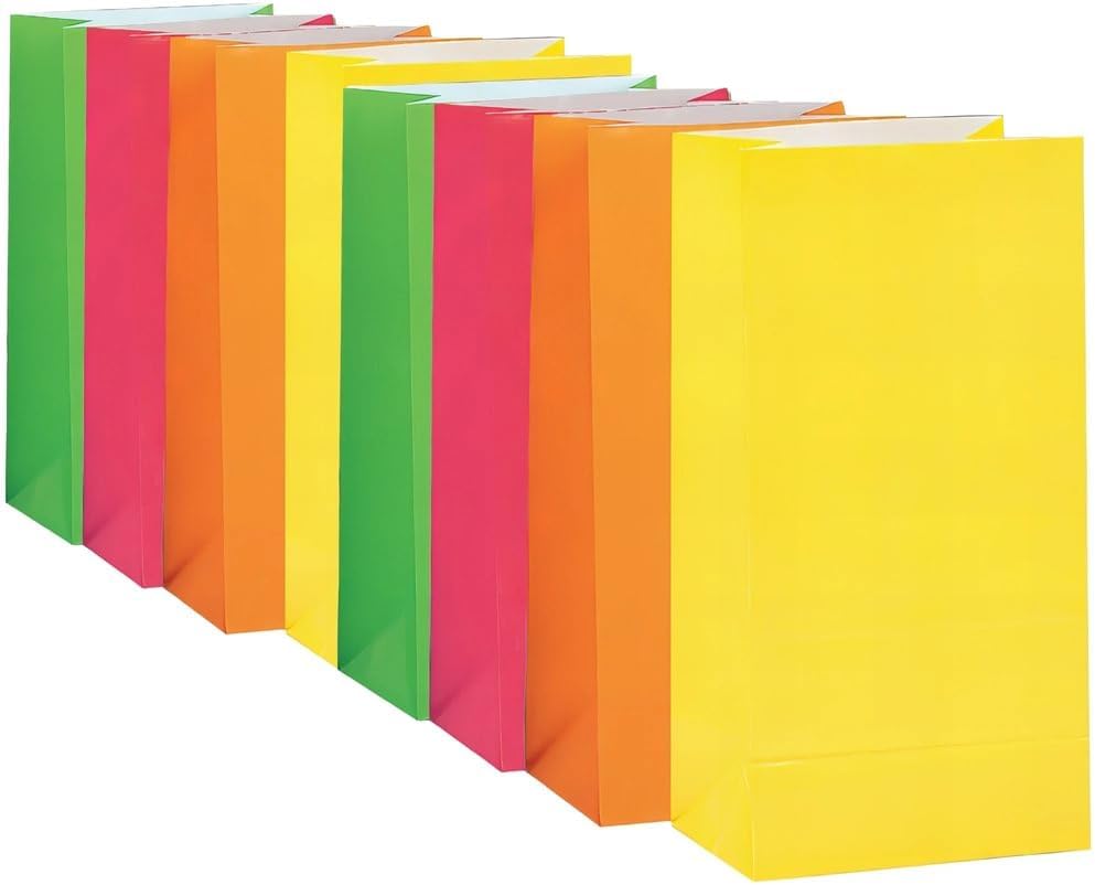 10-Pack Neon Paper Bags with Gusseted Bottoms – Vibrant Assorted Colors for Party Favors, Gifts & Crafts