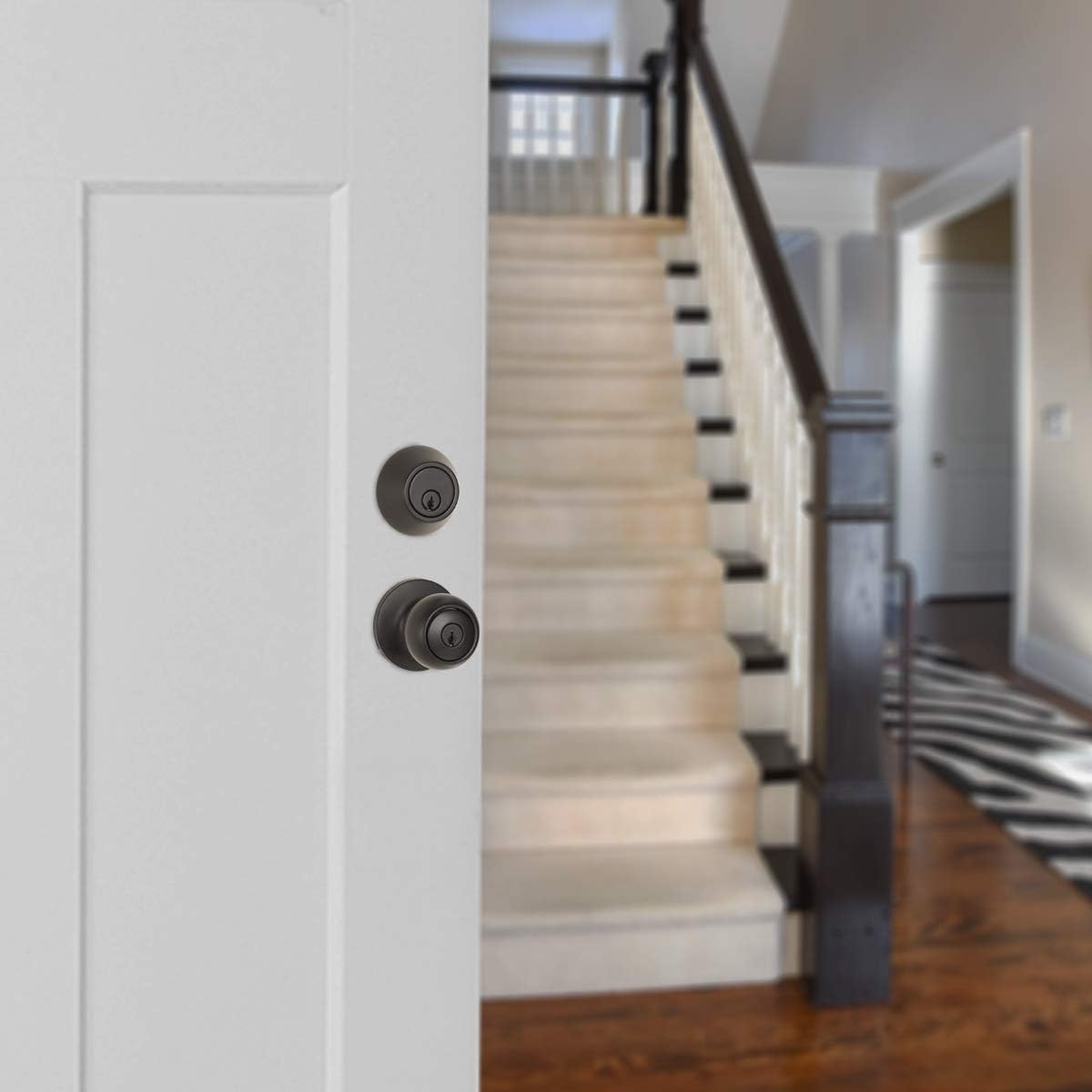 Amazon Basics Coastal Matte Black Exterior Door Handle & Single Cylinder Deadbolt - Keyed Alike Combo Pack