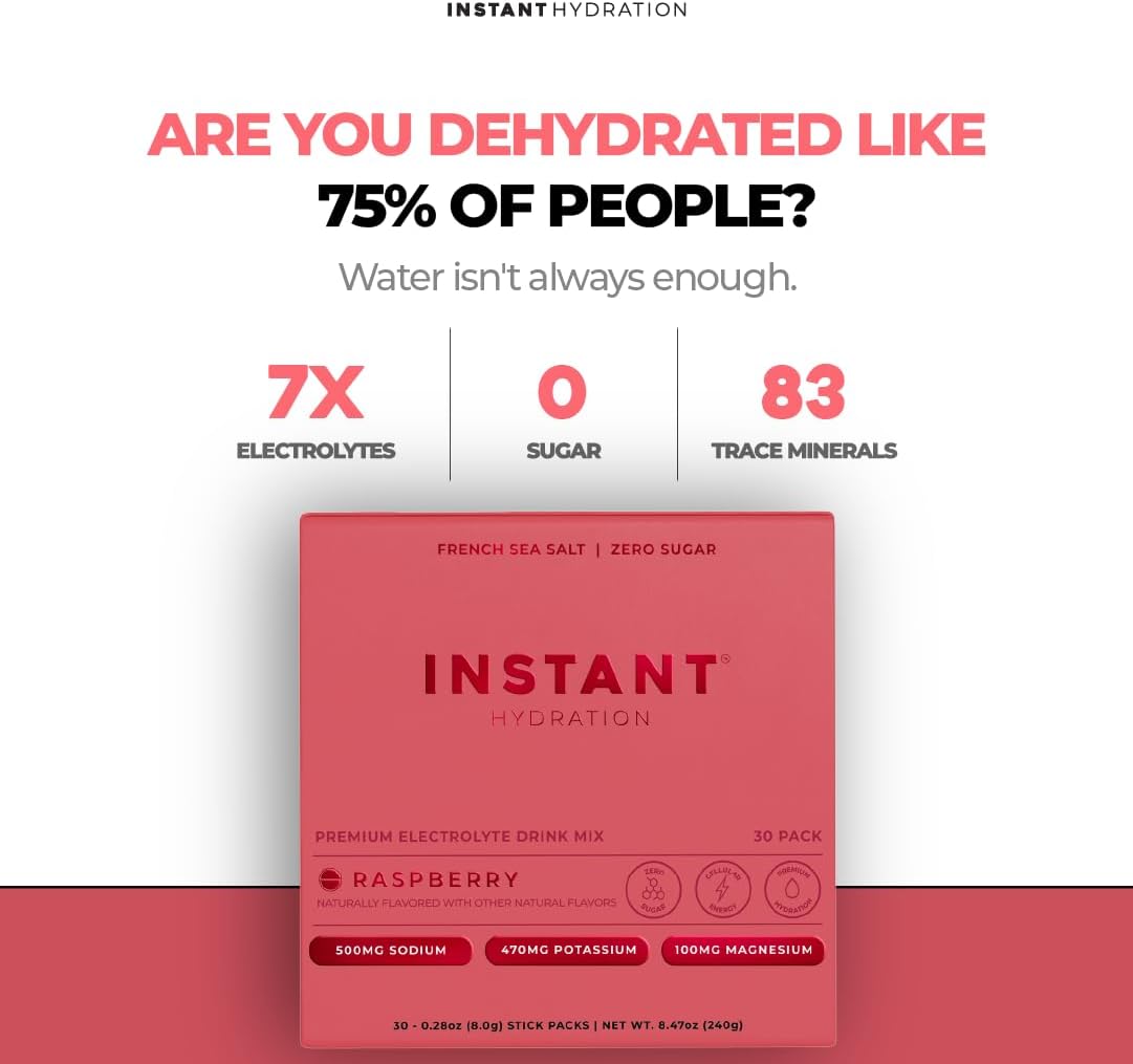 Raspberry Electrolytes Powder - Keto-Friendly Hydration Drink Mix - Zero Sugar, Gluten-Free, Non-GMO - Supports Muscle Recovery & Brain Health - 30 Stick Packets