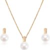 Timeless Elegance Women’s Pearl Jewelry Set – 14K Gold Plated Sterling Silver Necklace & Earrings – Ideal Wedding, Anniversary, or Birthday Gift