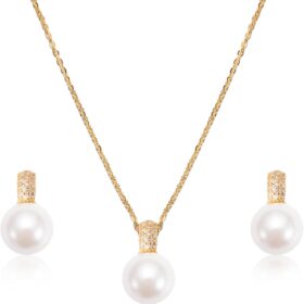 Timeless Elegance Women’s Pearl Jewelry Set – 14K Gold Plated Sterling Silver Necklace & Earrings – Ideal Wedding, Anniversary, or Birthday Gift