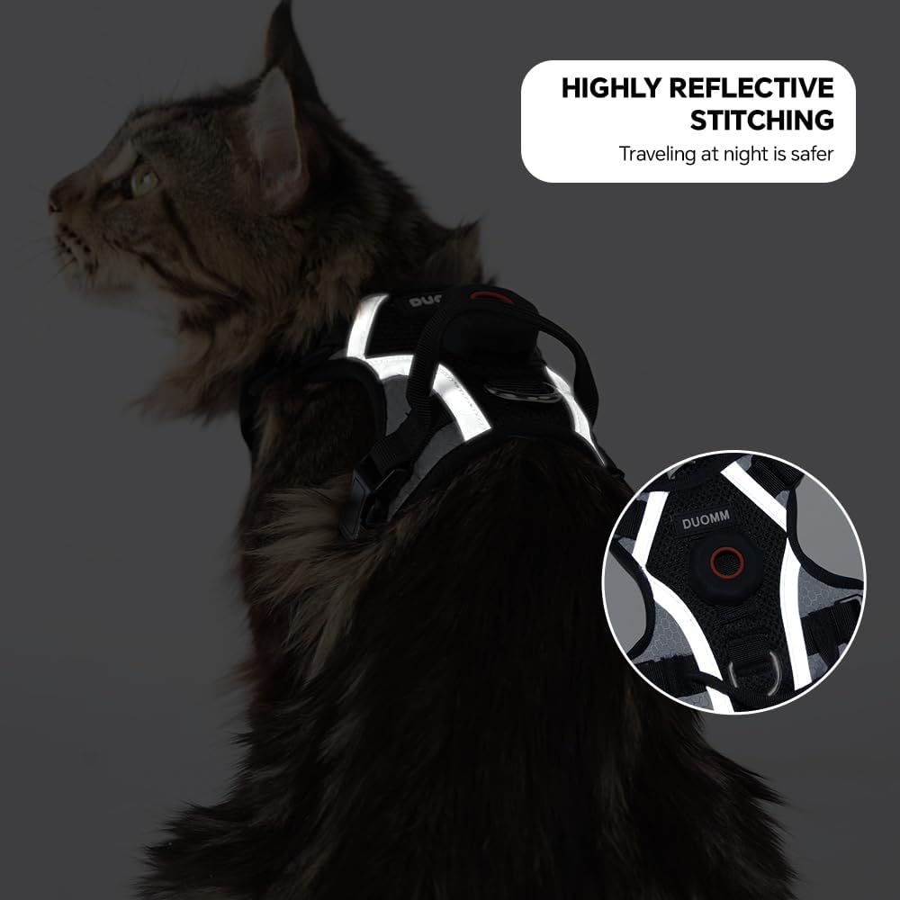 Escape-Proof Cat Harness and Leash Set with AirTag Pocket - Reflective, Adjustable Soft Mesh Vest for Large Cats and Small Dogs - 59' Lead Included (Black, Large)
