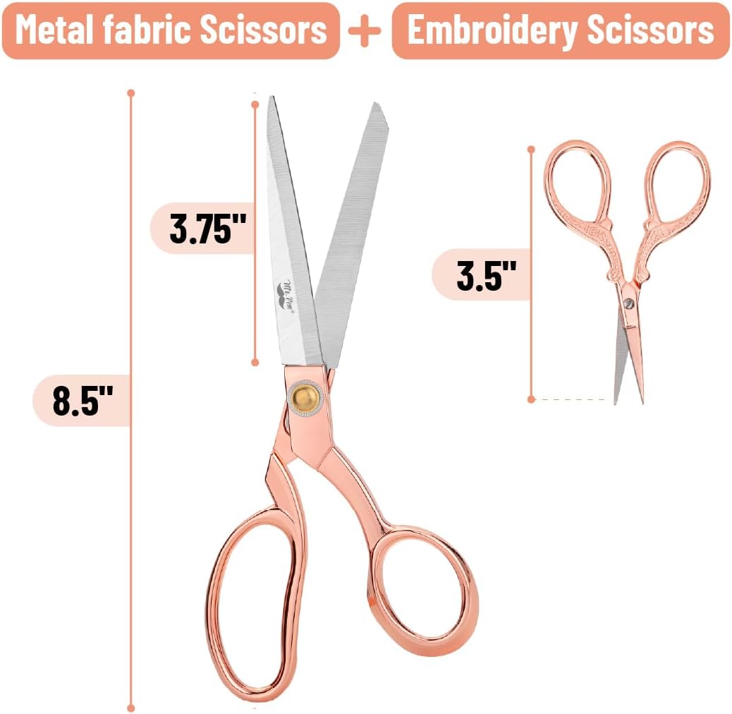 Mr. Pen Rose Gold Fabric & Embroidery Scissors Set – Heavy Duty 8.5 inch Tailor Shears & 3.5 inch Detail Snips – Stainless Steel Sewing & Craft Cutting Tools for Quilting, Dressmaking, and Embroidery