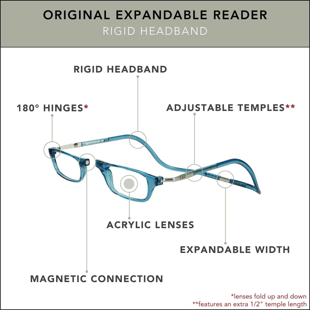 CliC Unisex Original Expandable Magnetic Reading Glasses - Adjustable M-XL Headband, Durable TR90 Frame, 3.00 Power (Jean Blue)