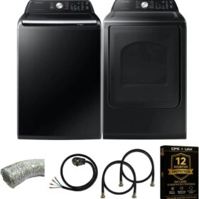 Samsung 4.7 Cu. Ft. Smart Top-Load Washer & 7.4 Cu. Ft. Electric Dryer Bundle with Full Installation Kit & 1-Year Warranty (Black)