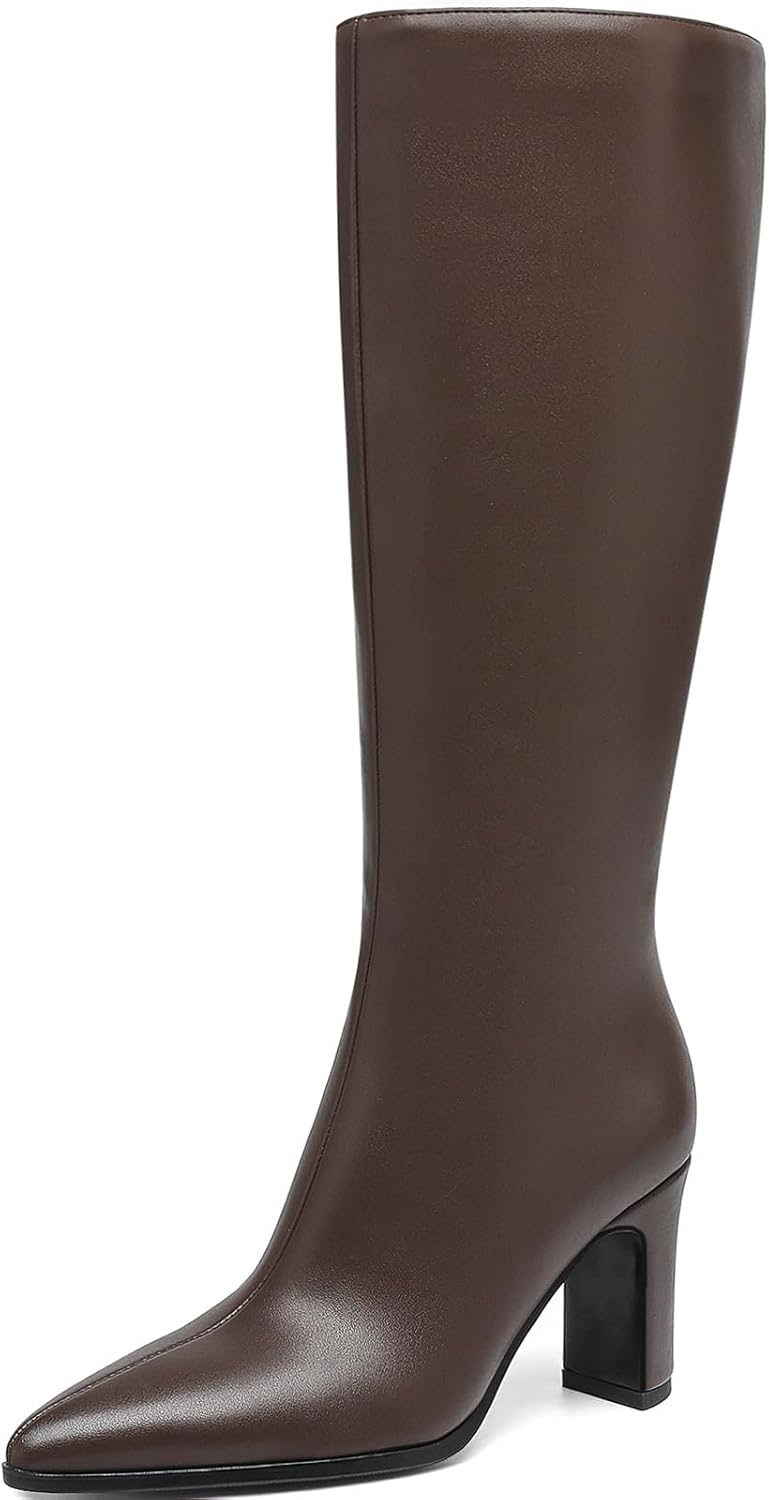 Women's Chunky Heel Knee High Boots - Pointed Toe Wide Calf Side Zipper Faux Leather Tall Dress Shoes for Fall & Winter