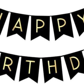 FECEDY Black and Gold Happy Birthday Banner - Luxury Shiny Foil Letter Bunting for Party Decorations