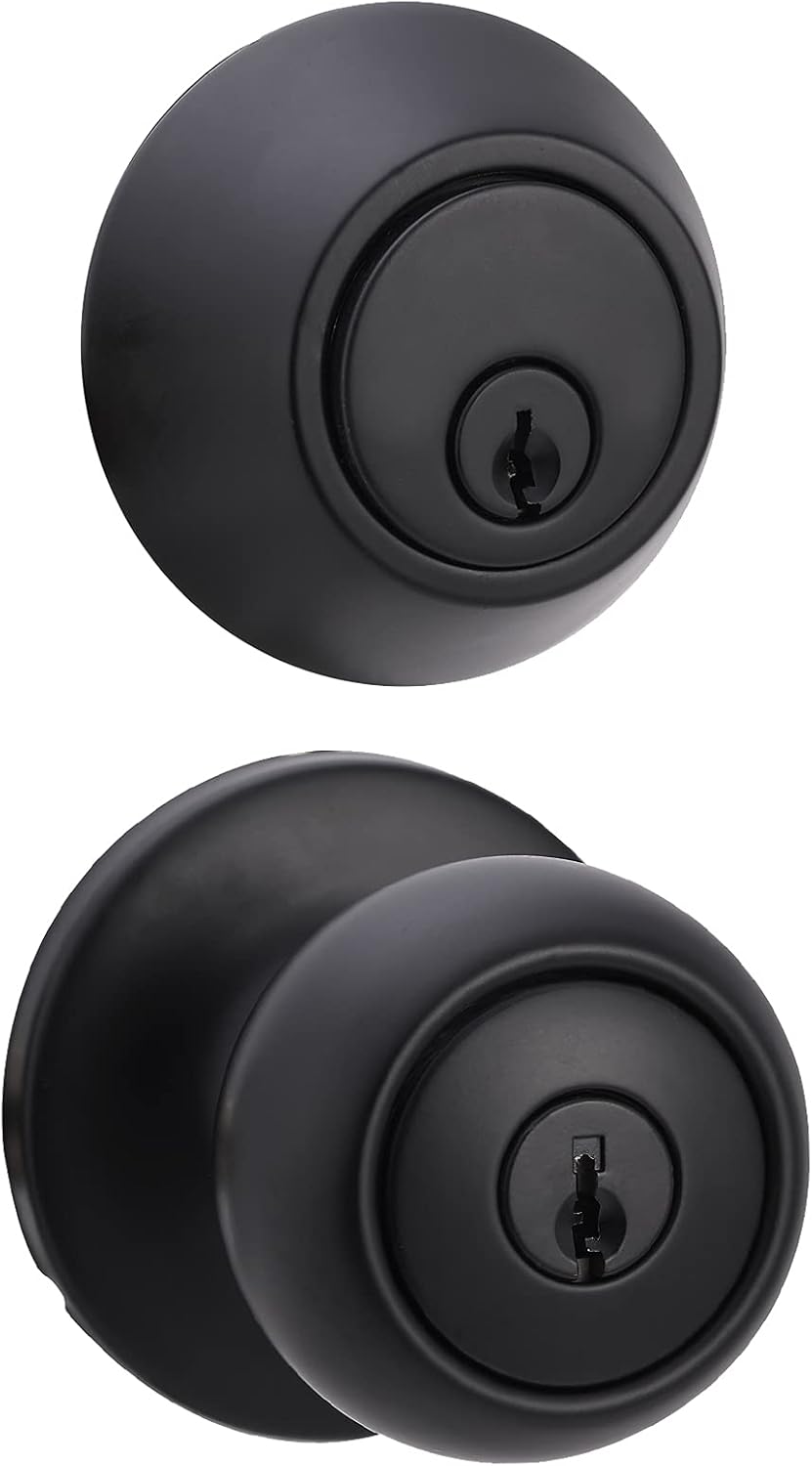 Amazon Basics Coastal Matte Black Exterior Door Handle & Single Cylinder Deadbolt - Keyed Alike Combo Pack