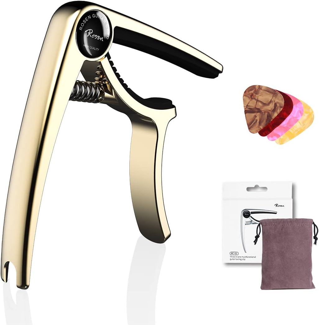 Rosen 3-in-1 Premium Zinc Alloy Guitar Capo with Picks & Bridge Pin Puller – for Acoustic, Electric, Ukulele & Banjo