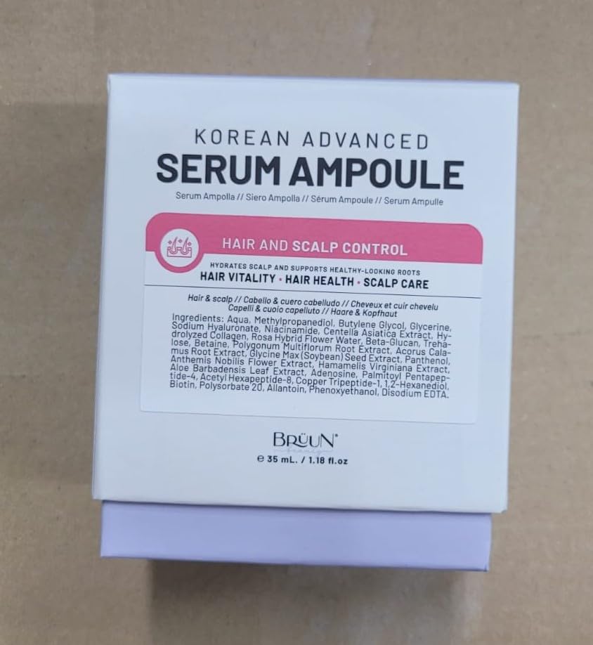 BRÜUN HS Korean Hair Growth Serum – Scalp Ampoule Booster with Biotin & Peptides for Hair Regrowth & Thicker Hair – 1.18 fl oz