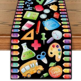 Back to School Table Runner - First Day of School Decorations, Reusable Linen Tablecloth with School Bus & Apple Design for Classroom, Home & Parties (13 x 72 Inches)