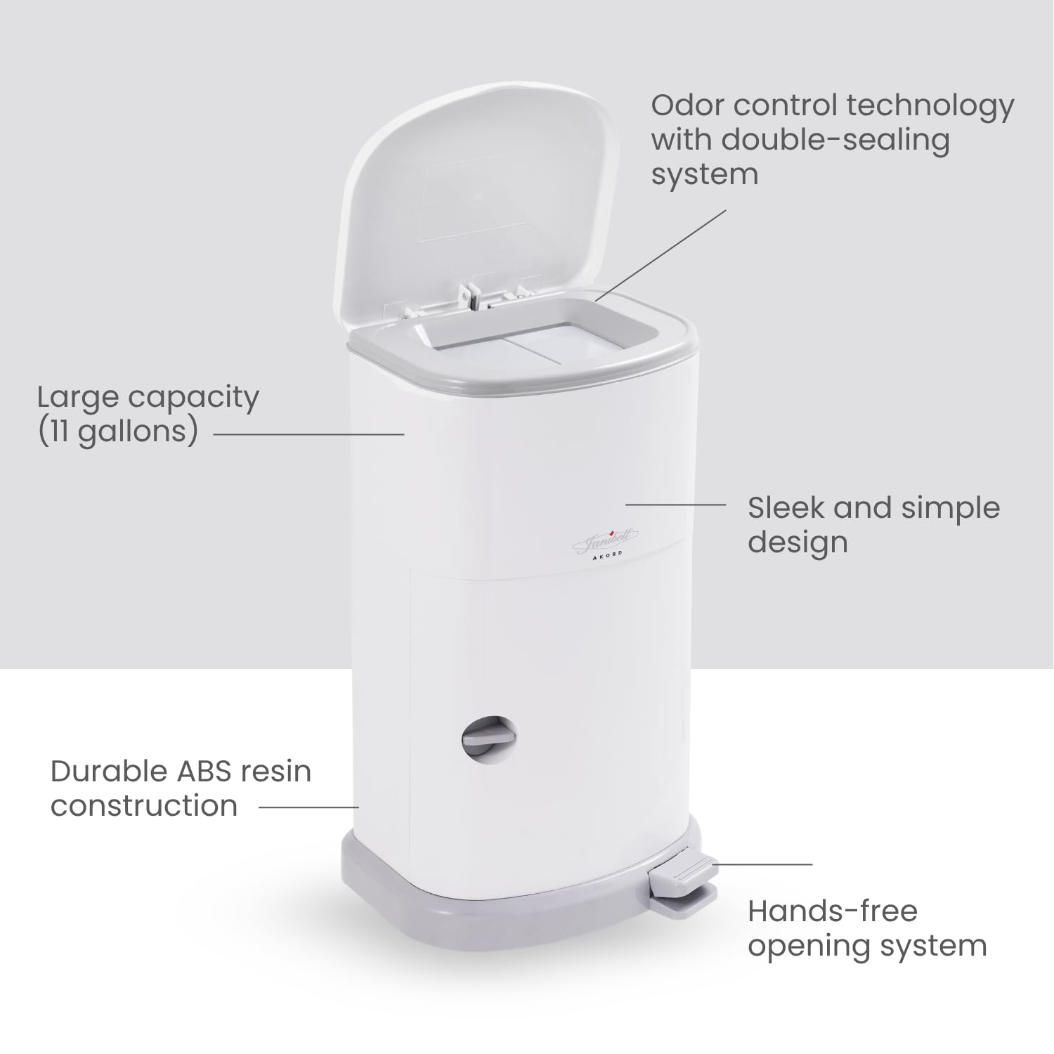 Janibell Akord 330 Adult Incontinence Pail – 11 Gallon Hands-Free Step Trash Can with Odor-Locking Seal & Continuous Liner System for Home Care