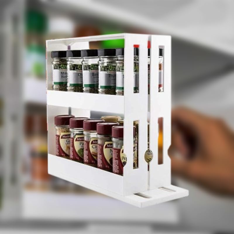 Leona Co 2-Tier Sliding Spice Rack Organizer – 360° Swivel Cabinet Caddy for Pantry & Kitchen Storage (Holds 20+ Bottles)
