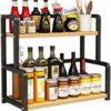 LEDON 2-Tier Expandable Spice Rack Organizer – Stainless Steel Kitchen Storage Shelf with Cutting Board Holder & Hooks (50cm)