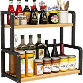 LEDON 2-Tier Expandable Spice Rack Organizer – Stainless Steel Kitchen Storage Shelf with Cutting Board Holder & Hooks (50cm)