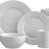 Pfaltzgraff Sylvia 32-Piece Stoneware Dinnerware Set – Service for 8, Distressed White Embossed Design
