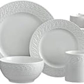Pfaltzgraff Sylvia 32-Piece Stoneware Dinnerware Set – Service for 8, Distressed White Embossed Design
