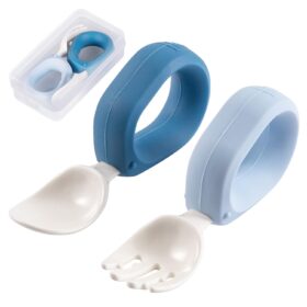 HIWOOD Baby Self-Feeding Utensils - BPA-Free Silicone Spoon & Fork Set with Ergonomic Circle Handles & Travel Case for Toddlers (Blue & Light Blue)