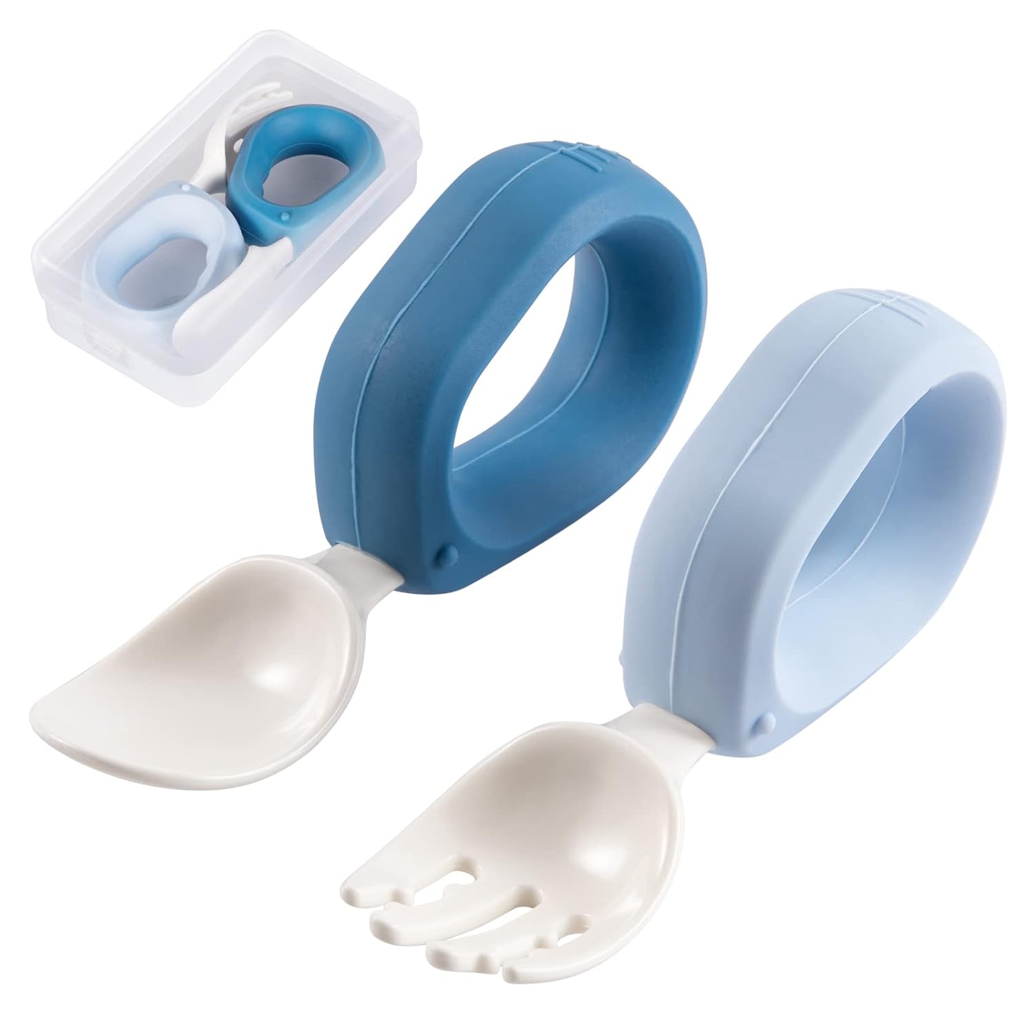 HIWOOD Baby Self-Feeding Utensils - BPA-Free Silicone Spoon & Fork Set with Ergonomic Circle Handles & Travel Case for Toddlers (Blue & Light Blue)