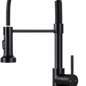 DJS Matte Black Kitchen Faucet with Pull Down Sprayer – Commercial High Arc Single Handle Sink Faucet with Deck Plate – 1 or 3 Hole Installation for Farmhouse, RV & Vessel Basins
