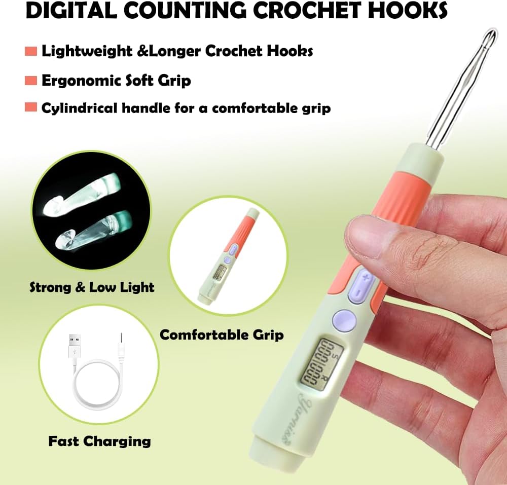 Yarniss Digital Counting Crochet Hooks Set with LED Light – 18-Piece Interlocking Kit (2.0mm-14.0mm) – USB Rechargeable Ergonomic Handles with Row & Stitch Counter