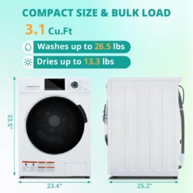 24-Inch Washer Dryer Combo 3.1 cu. ft. – All-in-One Ventless 120V Compact Laundry Machine with Stainless Steel Tub, 16 Cycles, and Overnight Wash & Dry for Apartments, RVs, and Small Homes