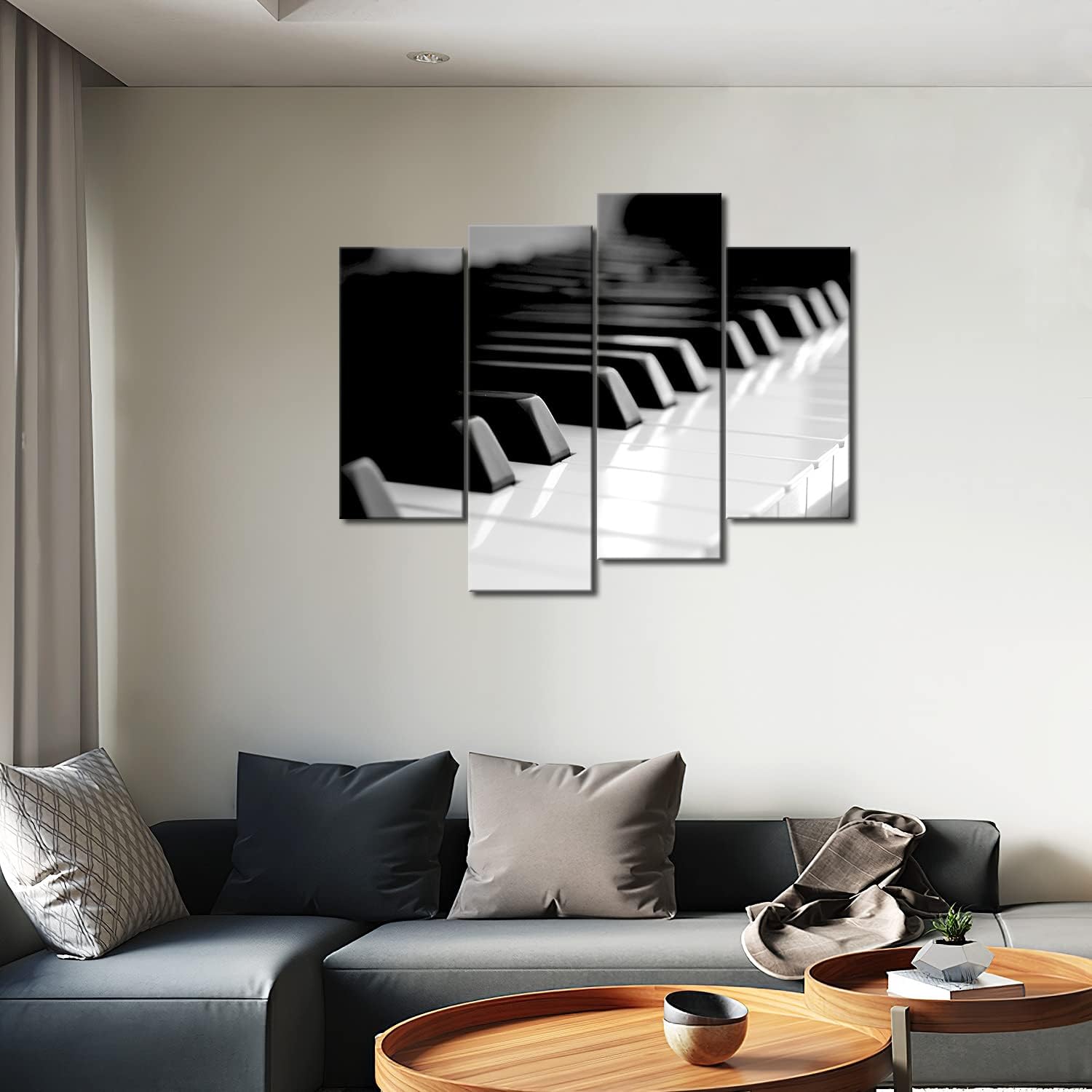 Melody in Monochrome: Black & White Piano Keyboard Canvas Wall Art - 4 Panel Modern Home Decor