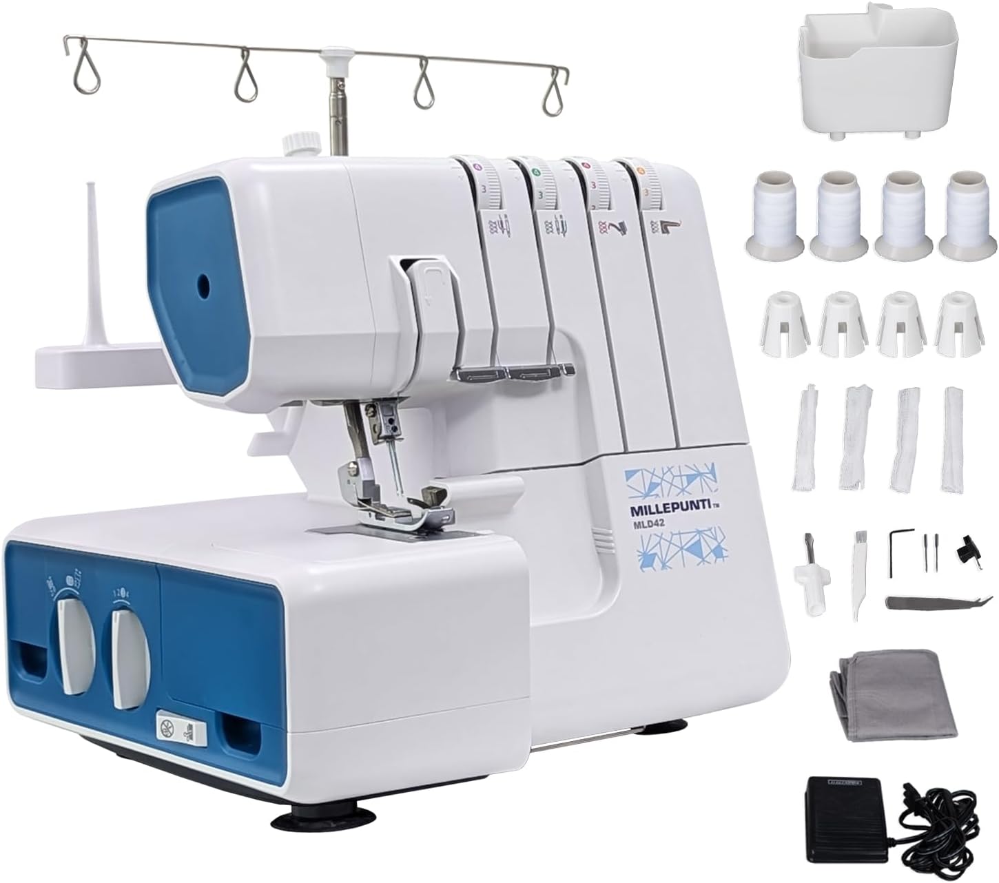 MILLEPUNTI MLD42 Heavy Duty Overlock Serger Machine – 1300 SPM High Speed, 2-3-4 Thread Capability with Metal Frame, Differential Feed & Accessories
