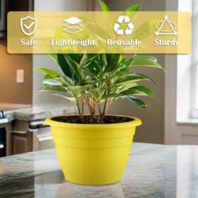 Set of 3 Large 11 Inch Yellow Plastic Planters with Drainage - Durable Indoor & Outdoor Flower Pots for Plants, Herbs, and Succulents