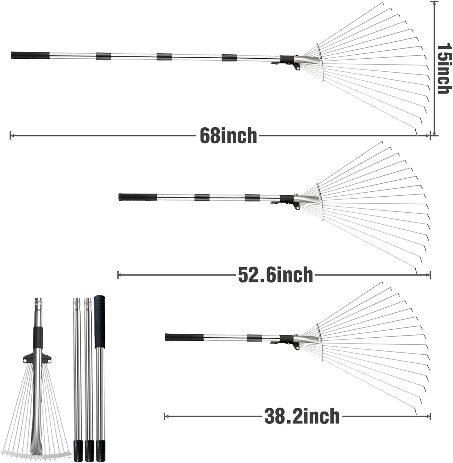 AimGrowth Adjustable Garden Leaf Rake with Leaf Collector & 15-Tine Expandable Head – Heavy Duty Collapsible Metal Yard Rake for Lawns, Shrubs, and Flower Beds