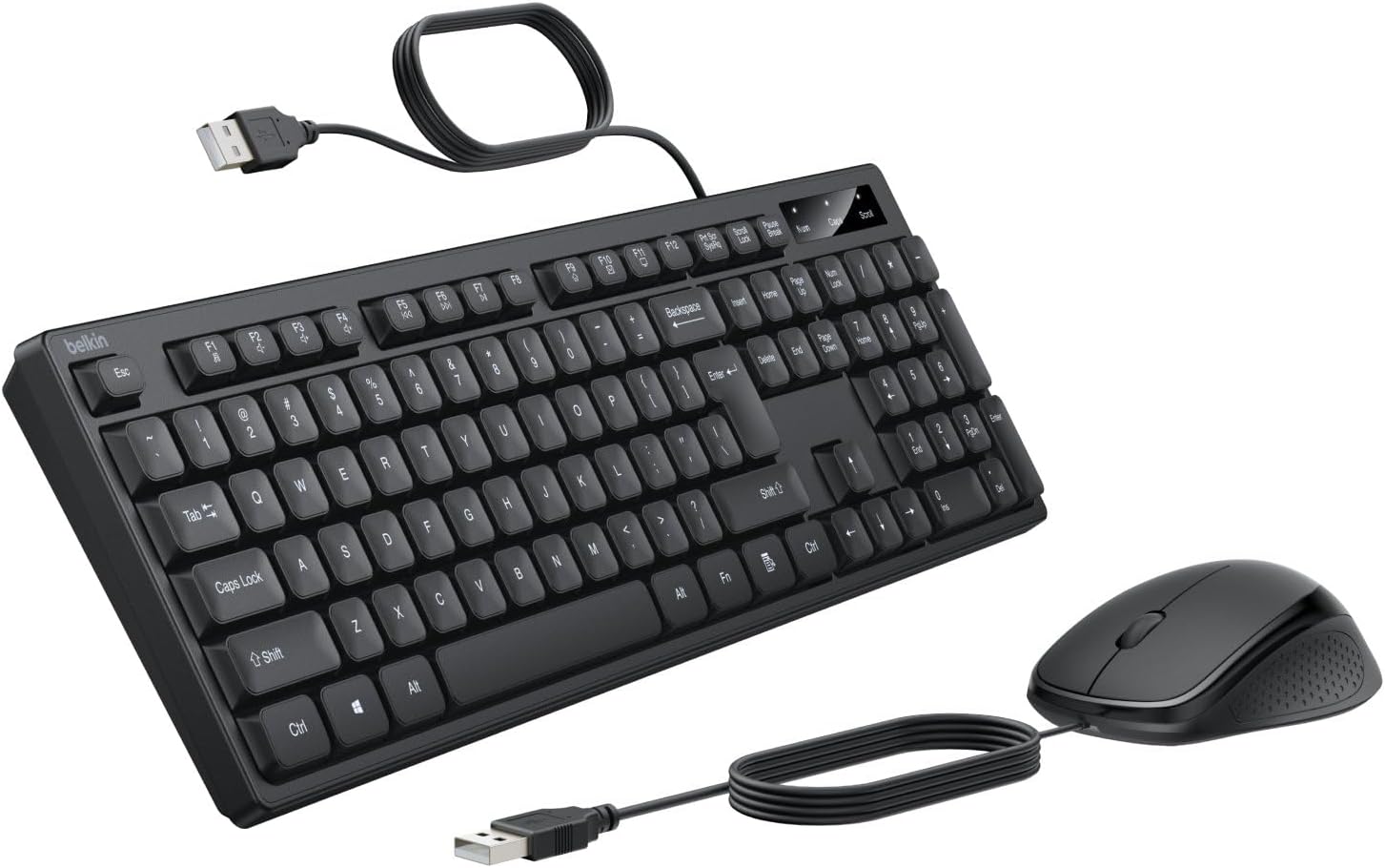 Belkin Connect Wired Keyboard and Mouse Combo – Full-Size USB-A Set with Spill-Resistant Design, Ergonomic Mouse, and Multimedia Keys for Windows PC/Laptop – Black