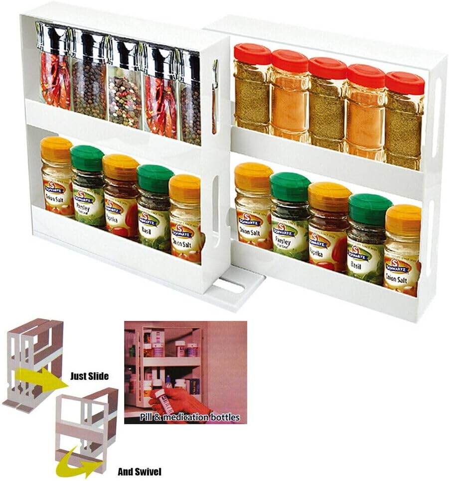 Leona Co 2-Tier Sliding Spice Rack Organizer – 360° Swivel Cabinet Caddy for Pantry & Kitchen Storage (Holds 20+ Bottles)