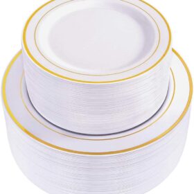 WDF 120-Piece Gold Rim Disposable Plastic Plates Set – Elegant White & Gold Dinner & Salad Plates for Weddings, Parties, and Holidays