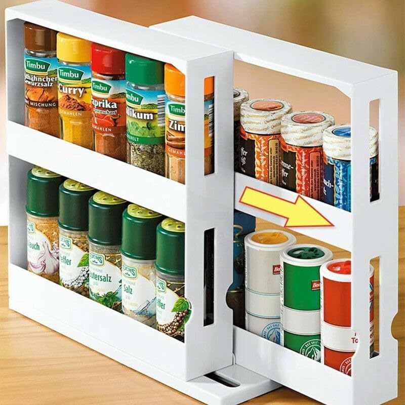 Leona Co 2-Tier Sliding Spice Rack Organizer – 360° Swivel Cabinet Caddy for Pantry & Kitchen Storage (Holds 20+ Bottles)