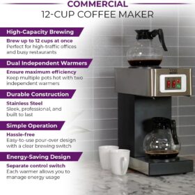TQS Cafe 12-Cup Commercial Coffee Maker, Stainless Steel Dual Brewer for High Volume Office & Restaurant Use