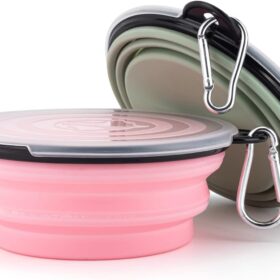 SLSON Collapsible Travel Bowls for Dogs and Cats - Portable, Foldable Pet Food & Water Dishes with Lids & Carabiner (Fairy Pink & Sprout Green)