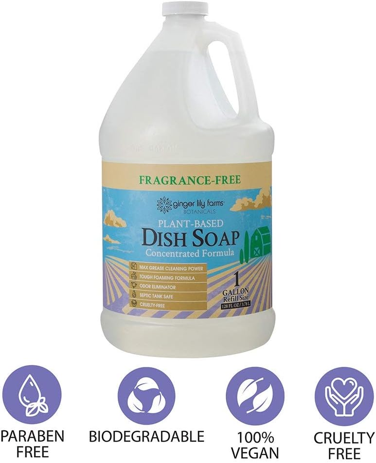 Ginger Lily Farms Botanicals 1 Gallon Refill Dish Soap – Eco-Friendly, Fragrance-Free, Max Grease Cutting Formula, Vegan & Cruelty-Free